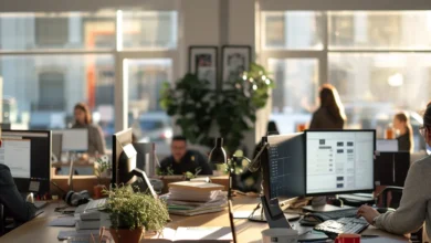 Busy office with employees using online faxing software