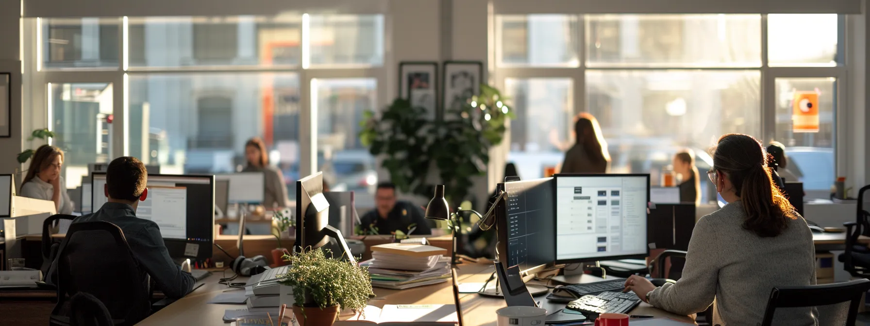 Busy office with employees using online faxing software